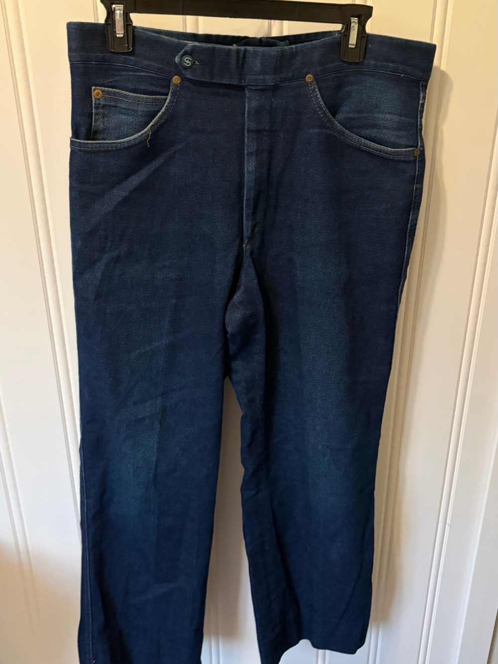 Vintage 70s Sansabelt Sport Denim Jeans Mens 34x28 Beltless Dark Indigo Blue USA
